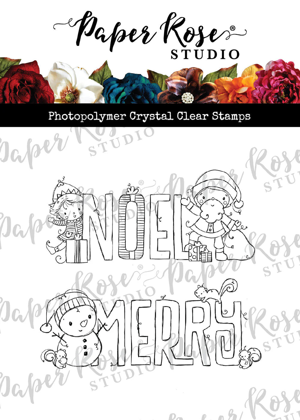 Paper Rose Stamp Set - Christmas Merry and Noel Small Word Duo