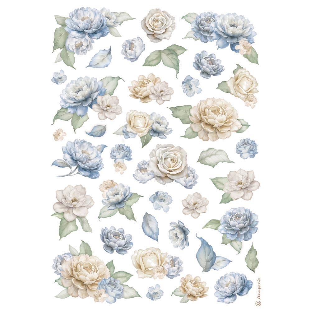 Stamperia A4 Rice Paper - Timeless - Roses and Blue Flowers Pattern