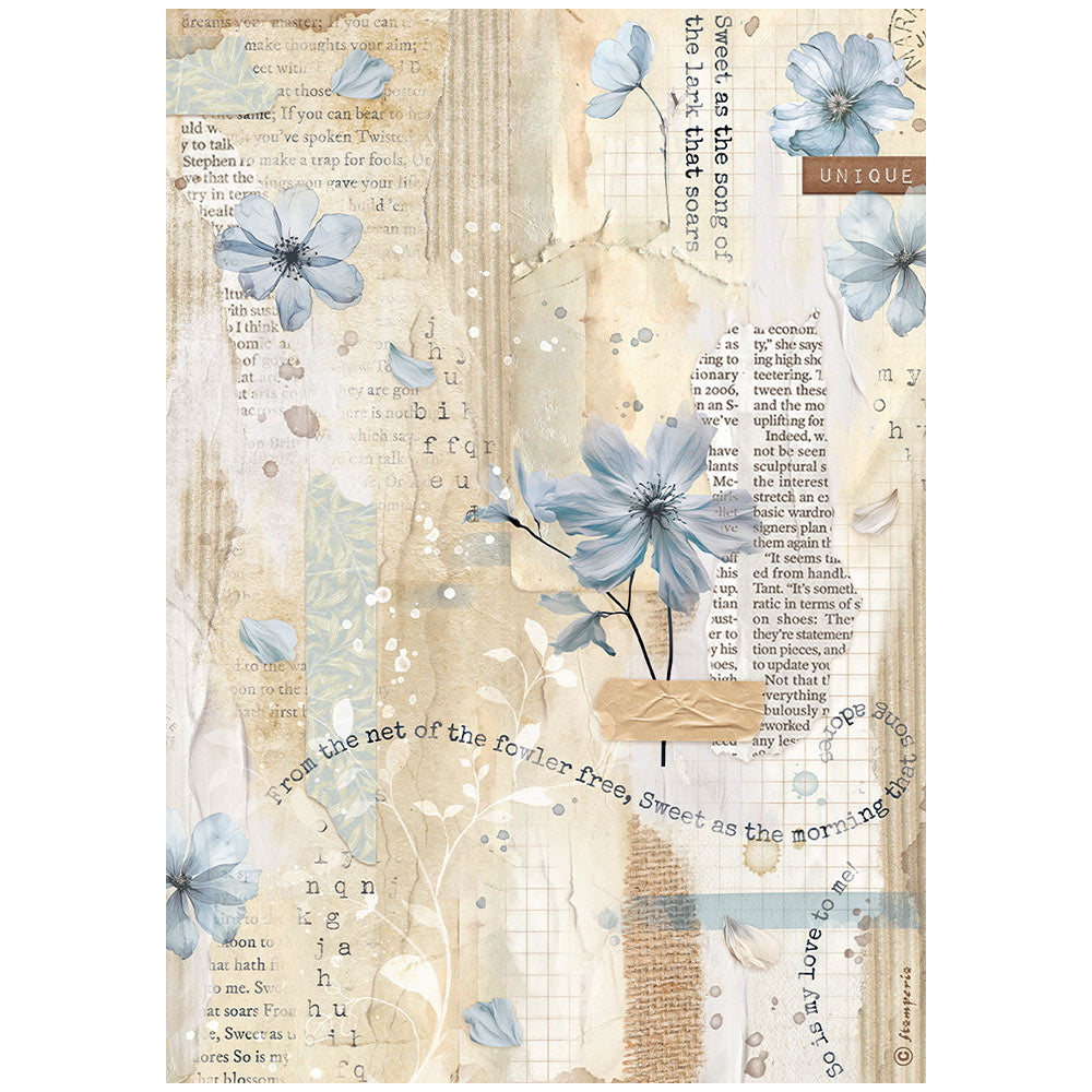 Stamperia A4 Rice Paper - Create Happiness Secret Diary - Blue Flower