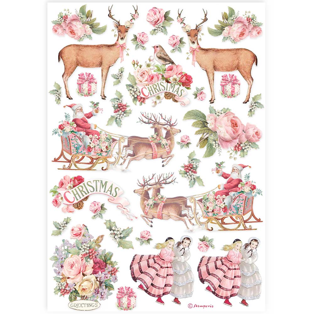 Stamperia A4 Rice Paper - Classic Christmas - Pink Christmas