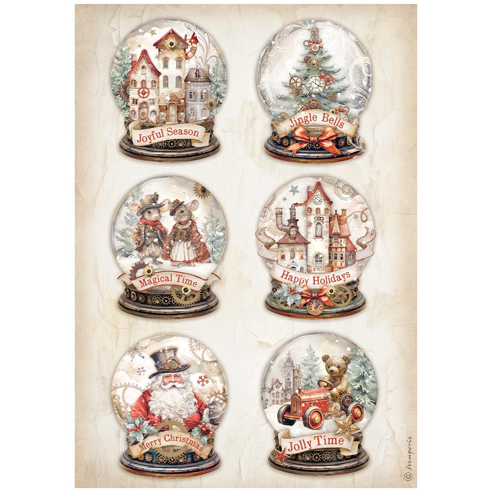 Stamperia A4 Rice Paper - Gear Up for Christmas - Christmas Snowglobes