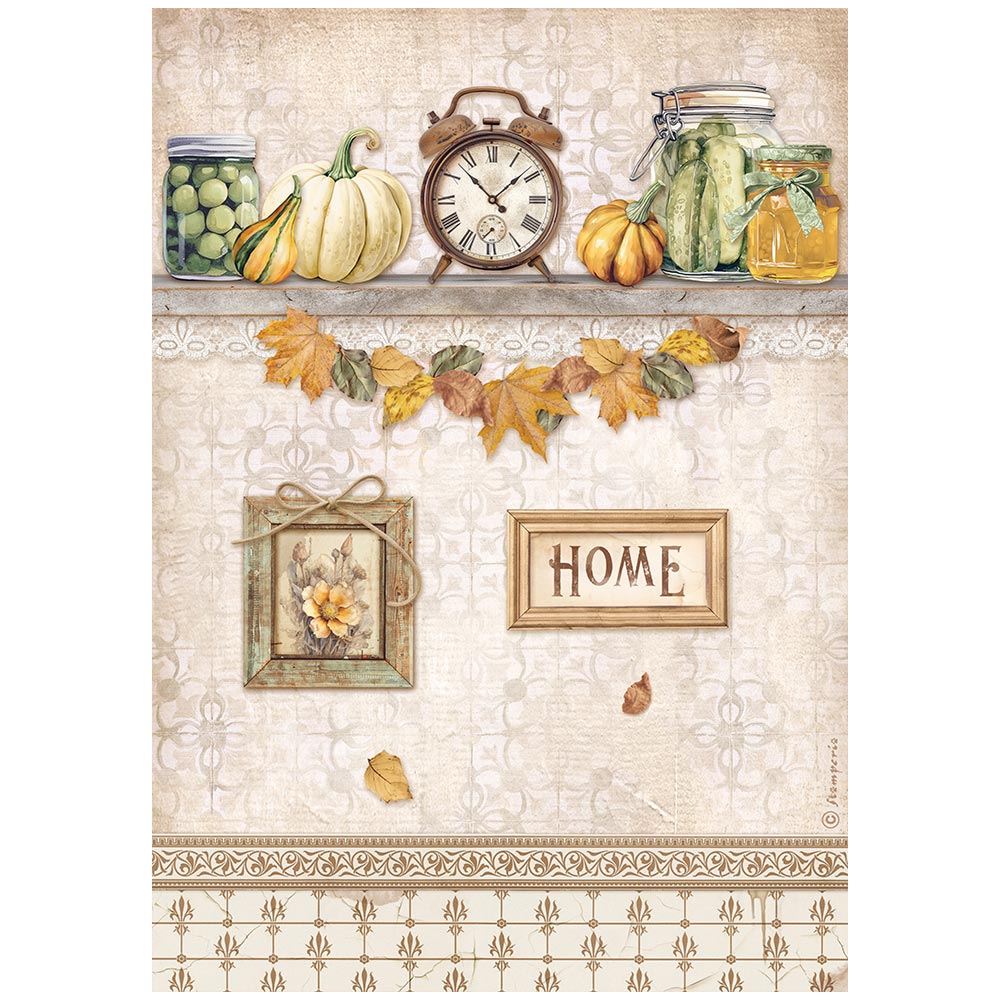 Stamperia A4 Rice Paper - Golden Harmony - Clock and Pumpkin