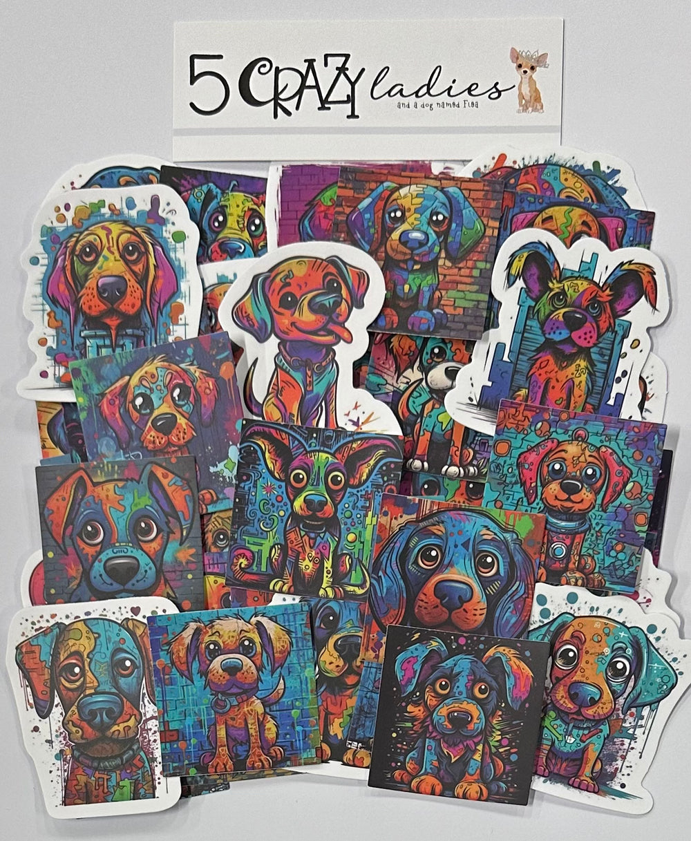 5 Crazy Ladies Journal Stickers - Splashed Paint Puppies