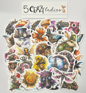 5 Crazy Ladies Journal Stickers - Mechanical and Steampunk Creatures and Creations