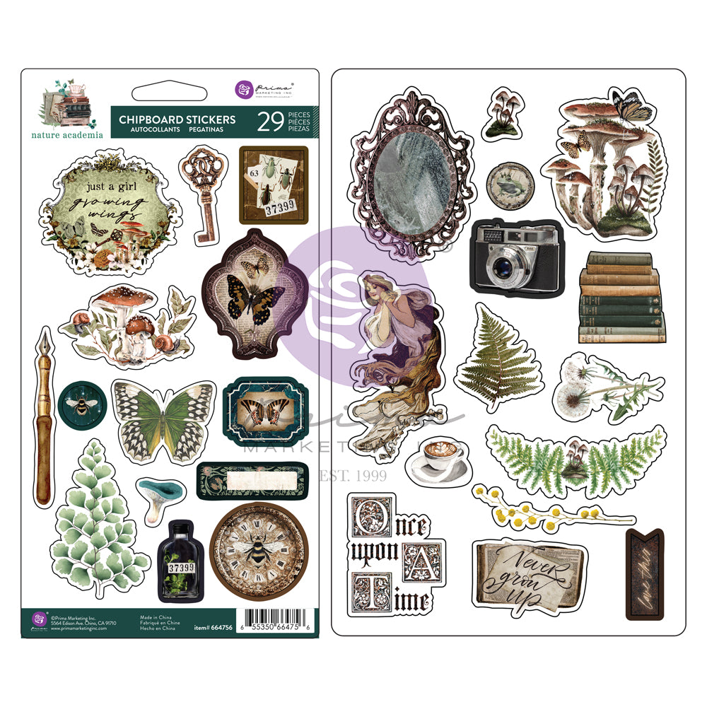 Prima Nature Academia Collection Chipboard Stickers – 29 Pcs