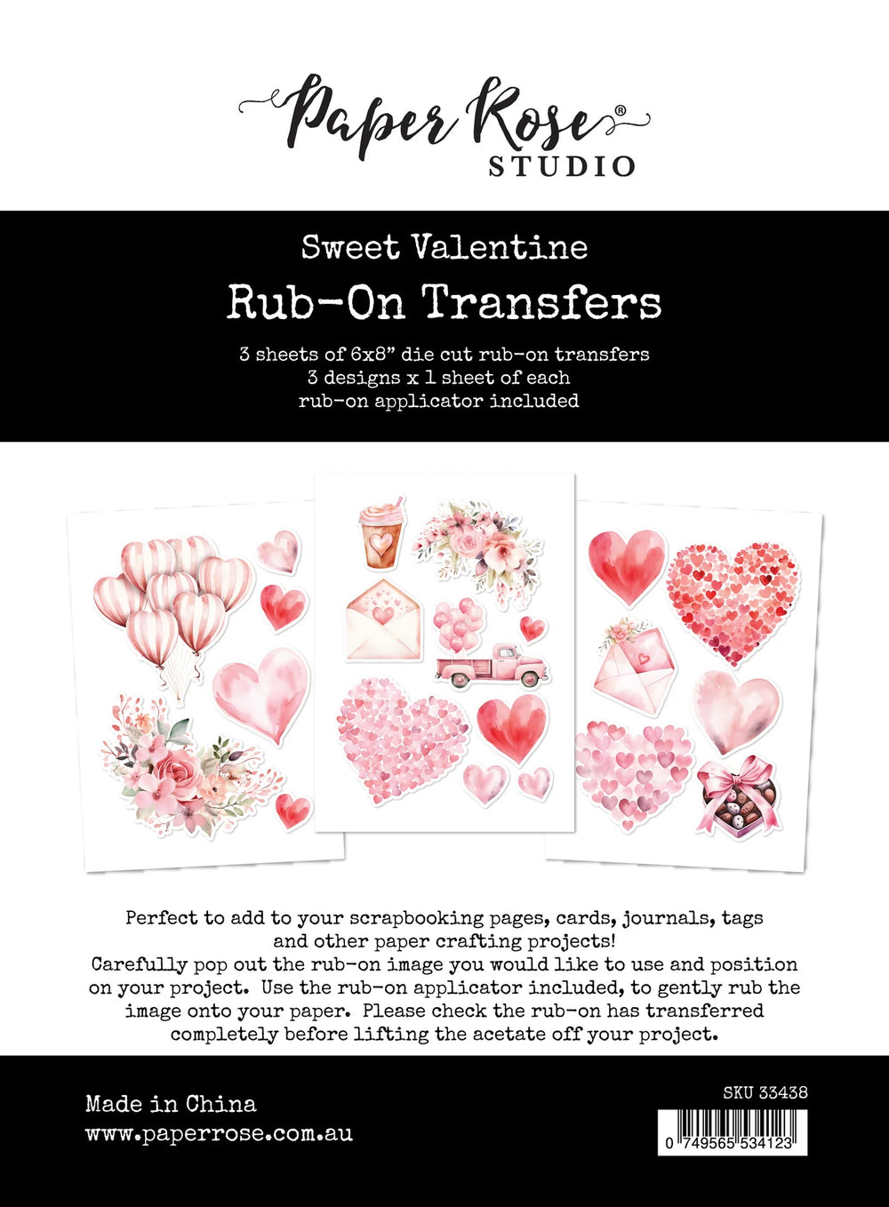 Paper Rose Rub On Transfers Pack - Sweet Valentine