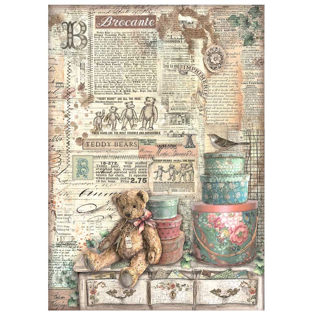 Stamperia A4 Rice Paper - Brocante Antiques Teddy Bears